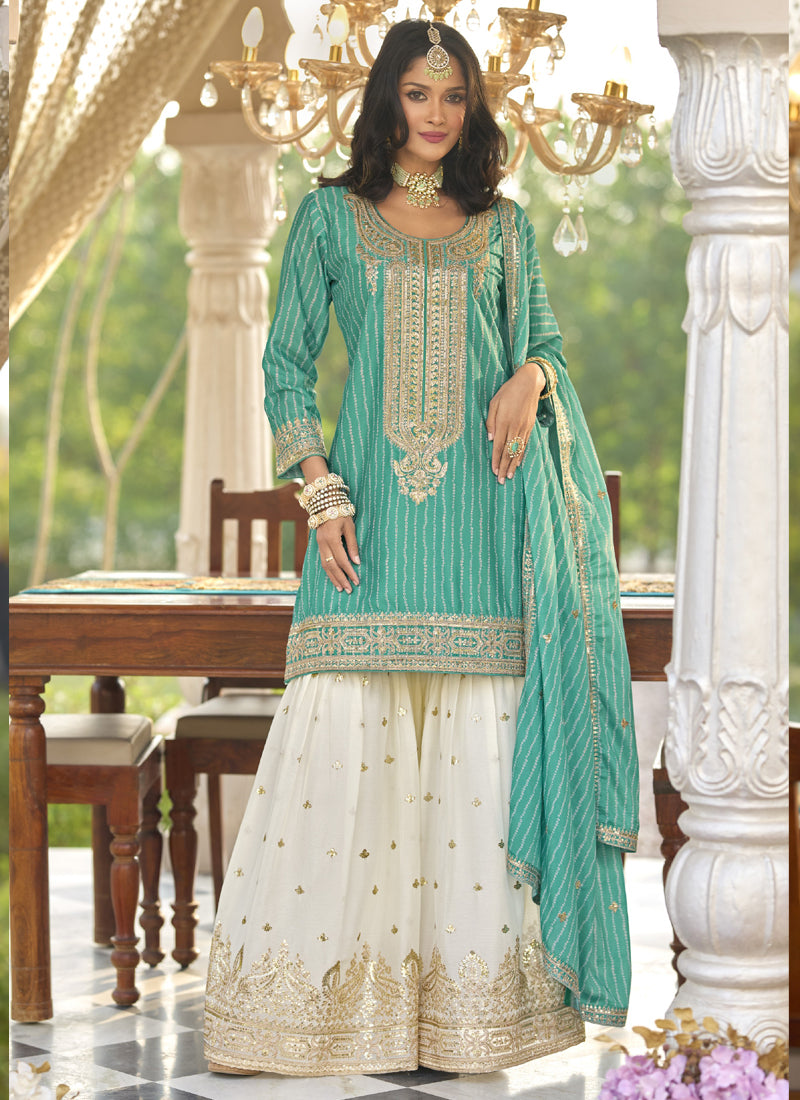 Vegaa Fashion Turquoise Chinon Silk Embroidered With Digital Print Palazzo Suit - Distacart