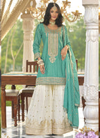 Vegaa Fashion Turquoise Chinon Silk Embroidered With Digital Print Palazzo Suit - Distacart
