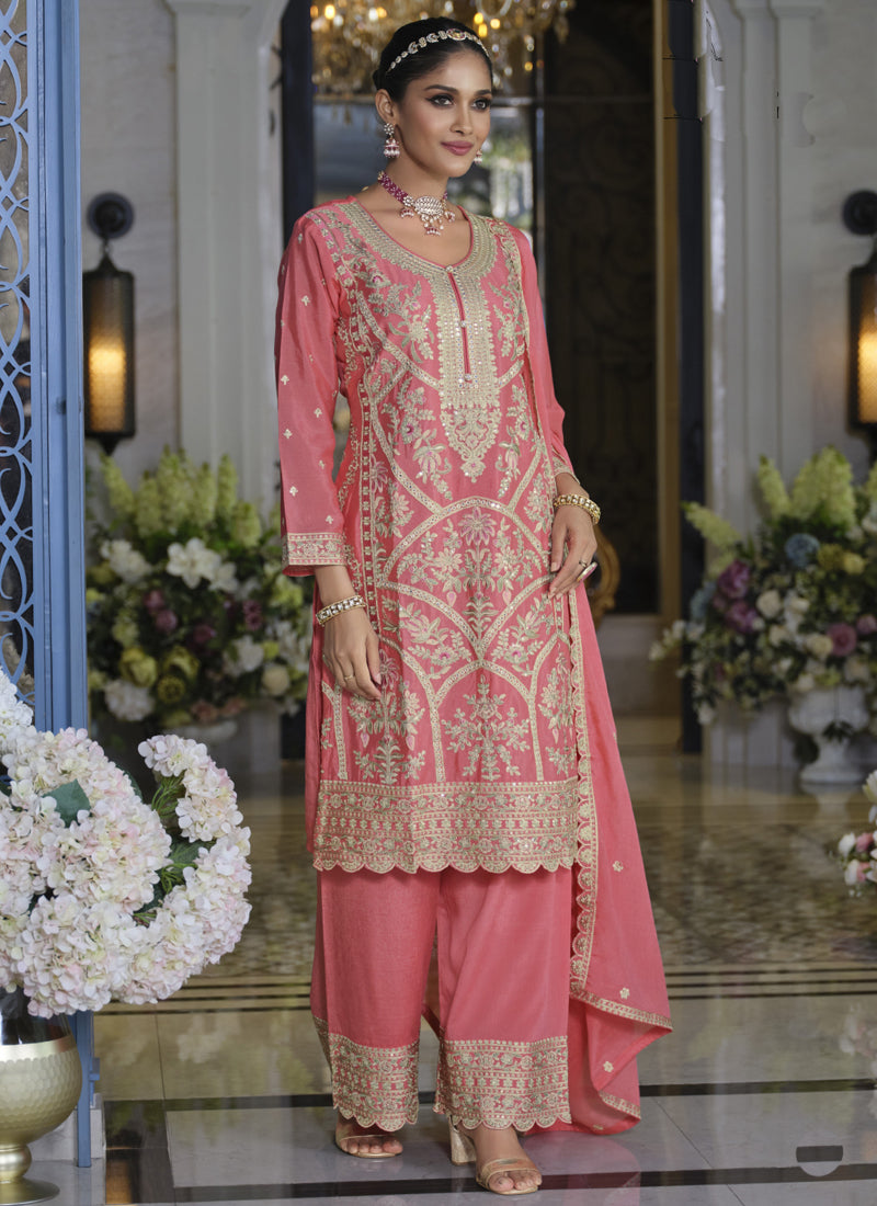 Vegaa Fashion Peach Chinon Silk Embroidered Designer Palazzo Suit - Distacart