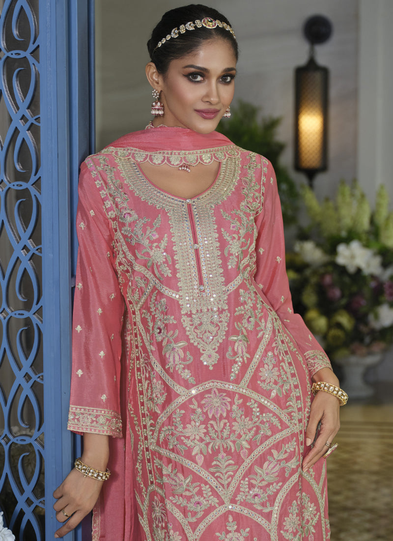 Vegaa Fashion Peach Chinon Silk Embroidered Designer Palazzo Suit - Distacart