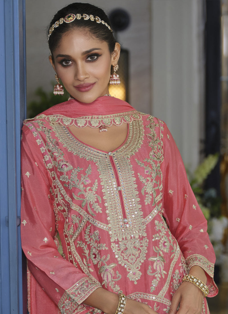 Vegaa Fashion Peach Chinon Silk Embroidered Designer Palazzo Suit - Distacart