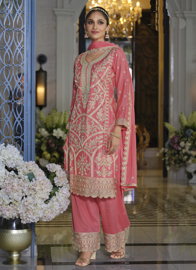 Vegaa Fashion Peach Chinon Silk Embroidered Designer Palazzo Suit - Distacart