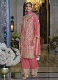 Vegaa Fashion Peach Chinon Silk Embroidered Designer Palazzo Suit - Distacart