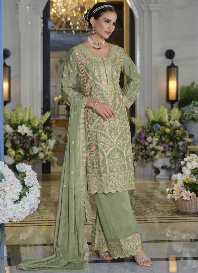 Vegaa Fashion Parrot Green Chinon Silk Embroidered Designer Palazzo Suit - Distacart