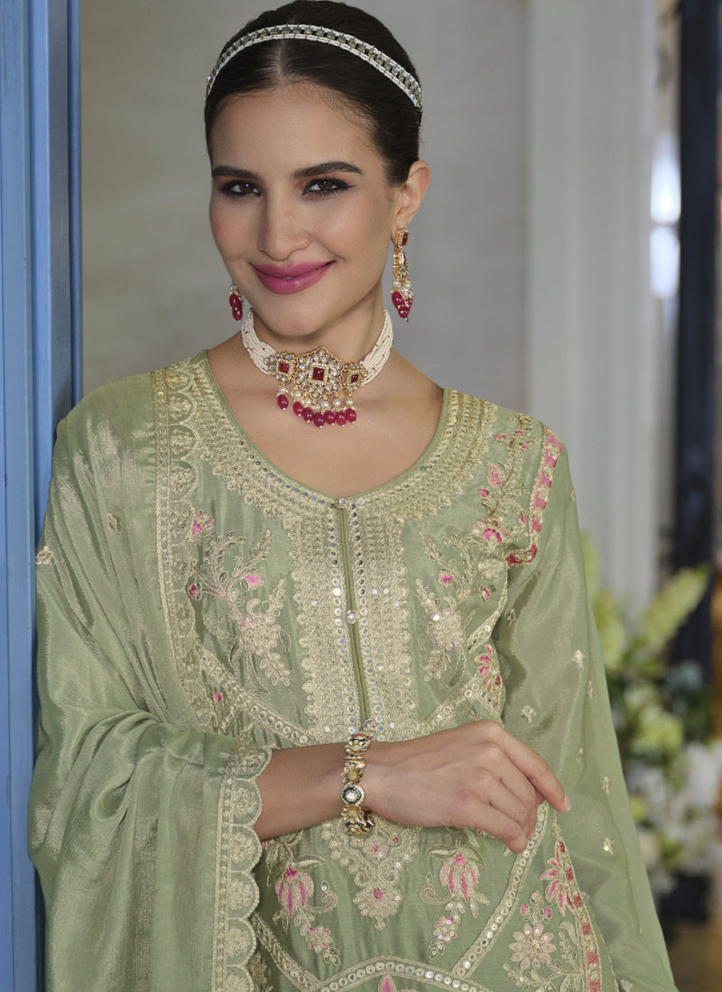 Vegaa Fashion Parrot Green Chinon Silk Embroidered Designer Palazzo Suit - Distacart