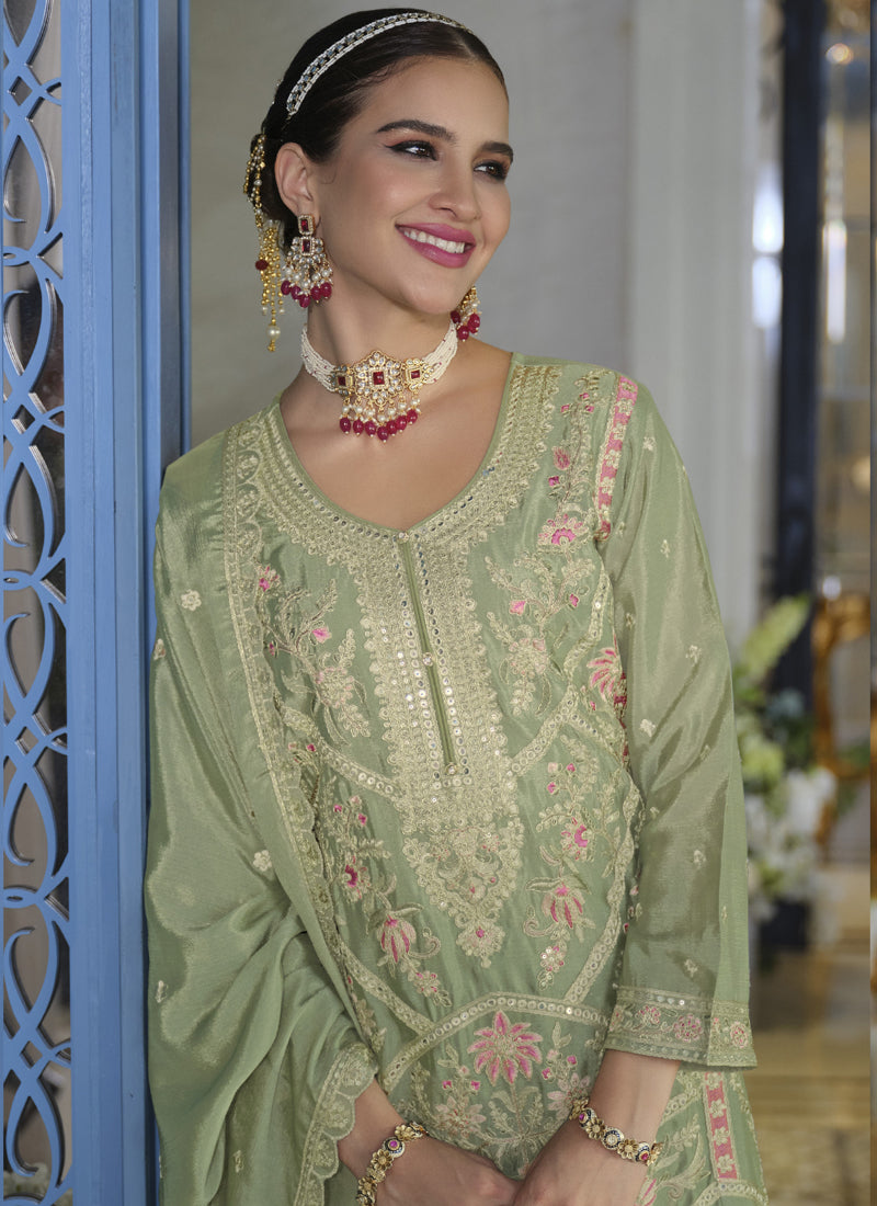 Vegaa Fashion Parrot Green Chinon Silk Embroidered Designer Palazzo Suit - Distacart