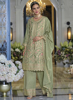 Vegaa Fashion Parrot Green Chinon Silk Embroidered Designer Palazzo Suit - Distacart