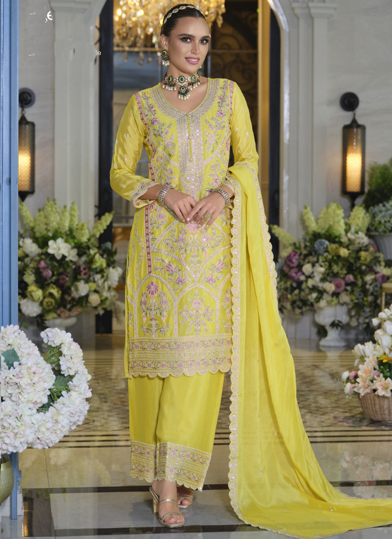 Vegaa Fashion Yellow Chinon Silk Embroidered Designer Palazzo Suit - Distacart