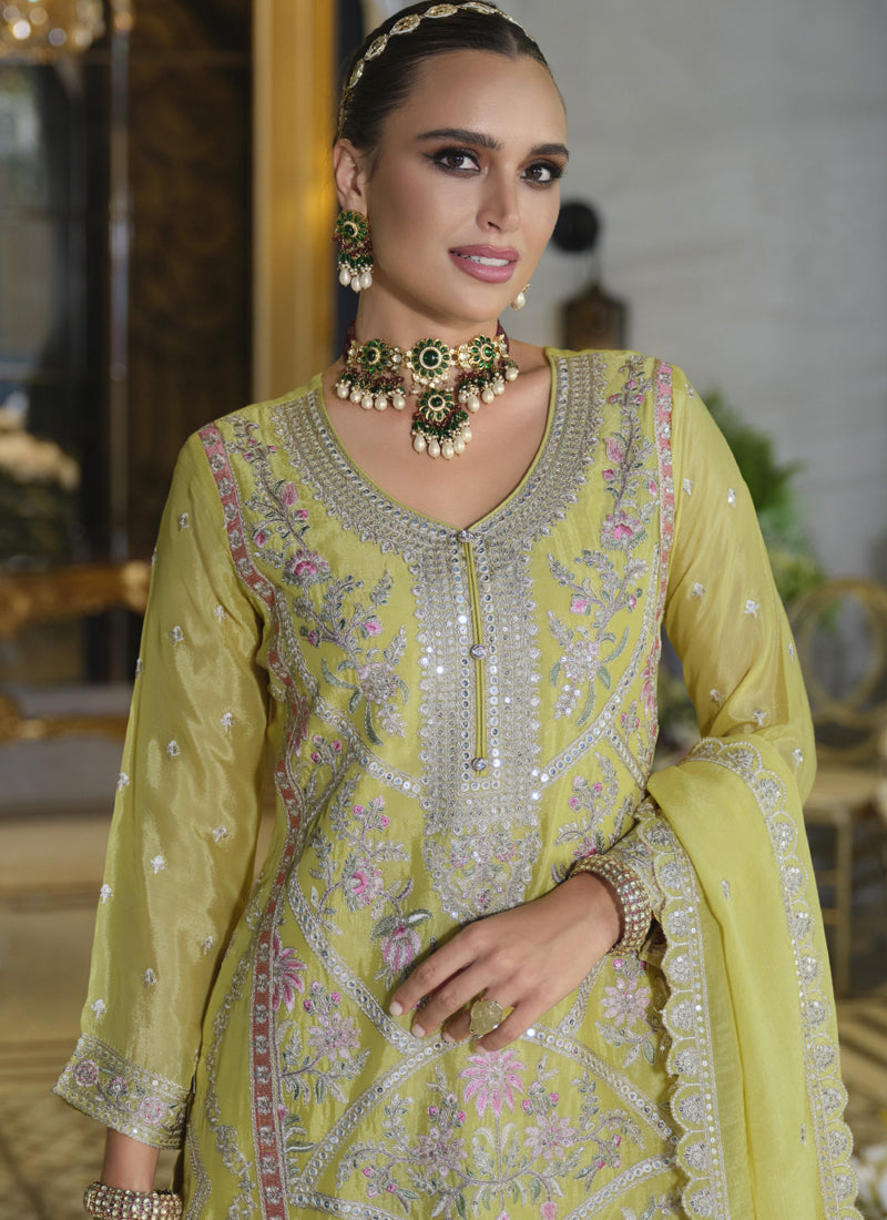 Vegaa Fashion Yellow Chinon Silk Embroidered Designer Palazzo Suit - Distacart