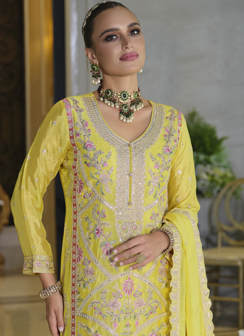 Vegaa Fashion Yellow Chinon Silk Embroidered Designer Palazzo Suit - Distacart