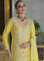 Vegaa Fashion Yellow Chinon Silk Embroidered Designer Palazzo Suit - Distacart