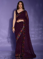 Vegaa Fashion Wine Georgette Sequence Party Wear Saree - Distacart