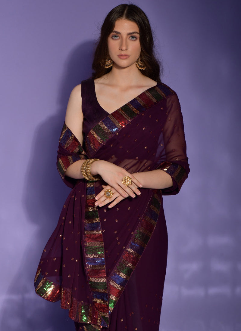 Vegaa Fashion Wine Georgette Sequence Party Wear Saree - Distacart