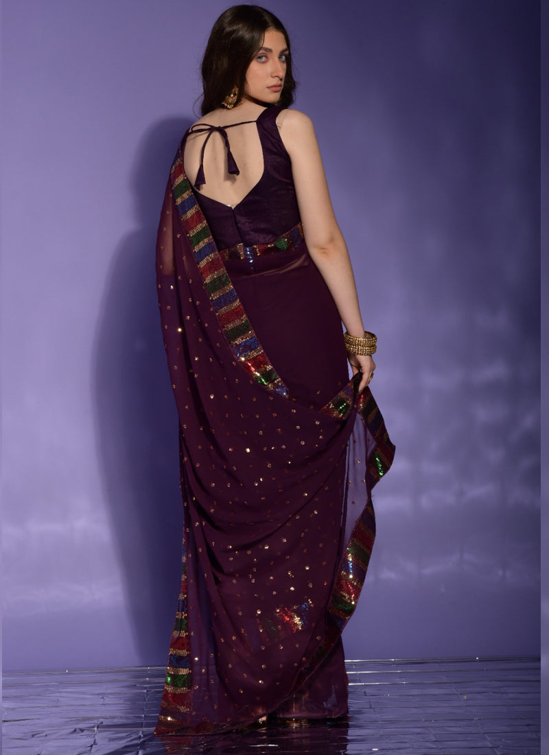 Vegaa Fashion Wine Georgette Sequence Party Wear Saree - Distacart