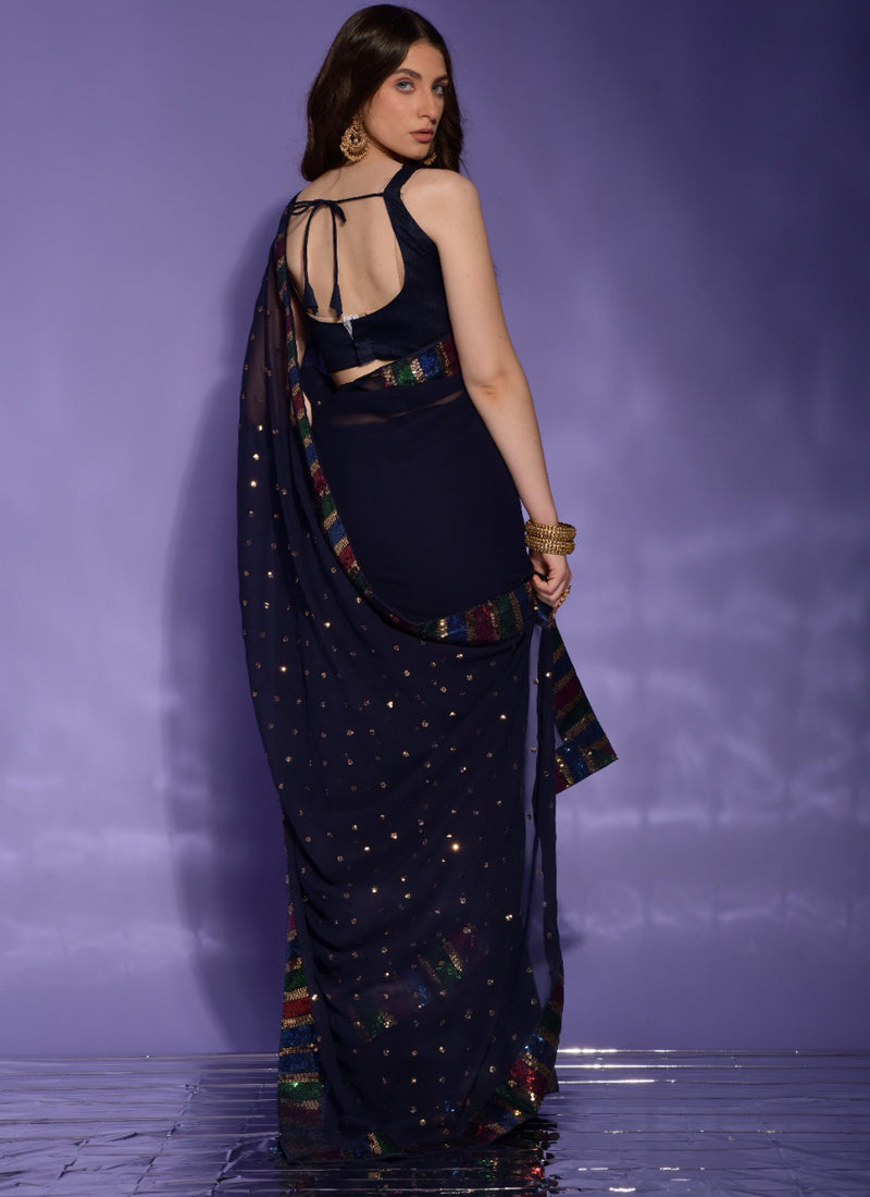 Vegaa Fashion Blue Georgette Sequence Party Wear Saree - Distacart