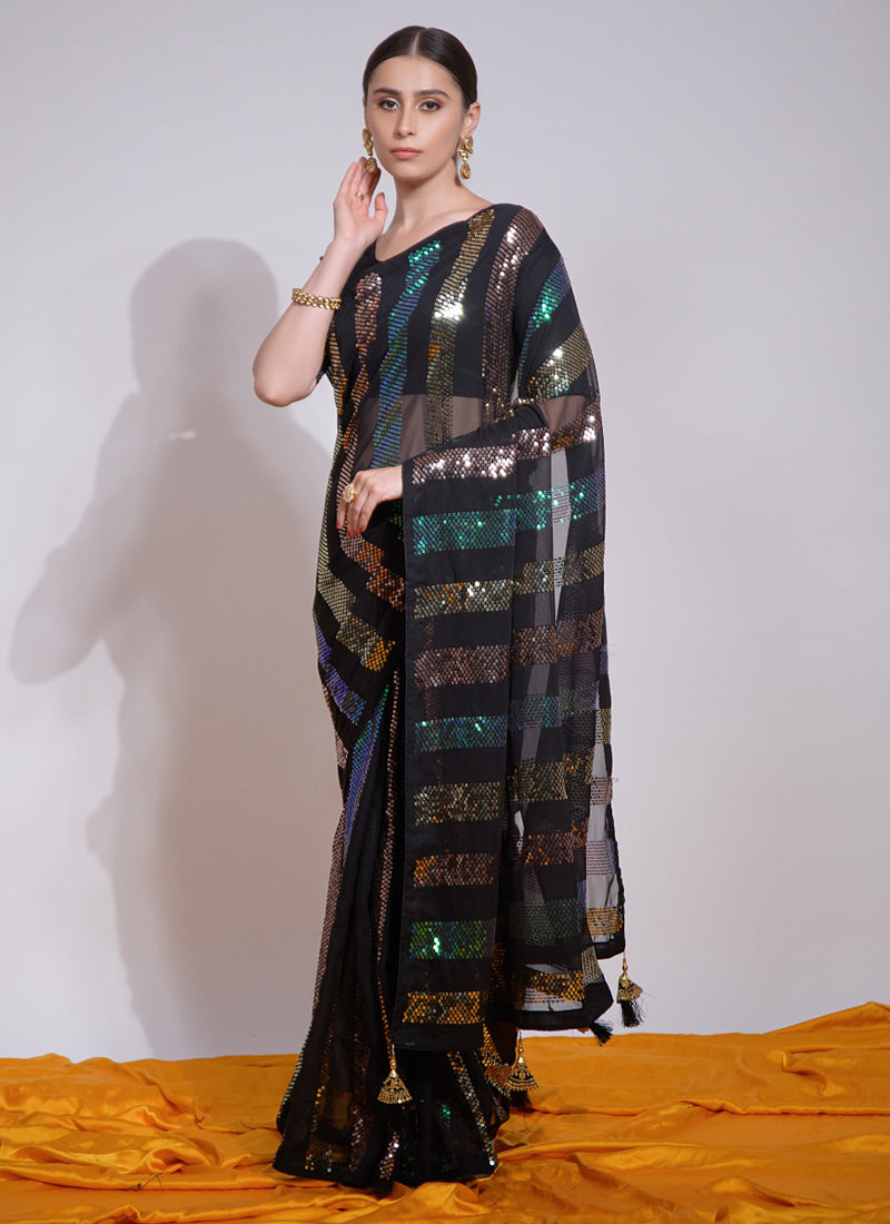 Vegaa Fashion Black Georgette Sequence Party Wear Saree - Distacart