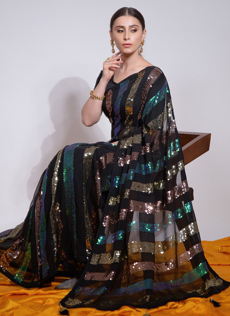 Vegaa Fashion Black Georgette Sequence Party Wear Saree - Distacart