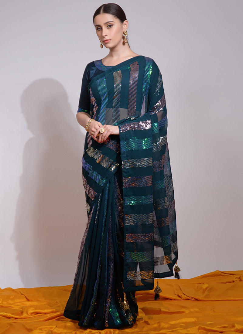 Vegaa Fashion Teal Georgette Sequence Party Wear Saree - Distacart