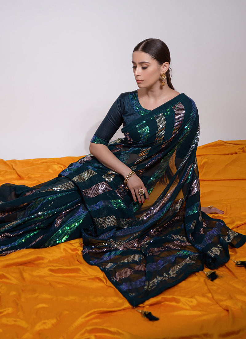 Vegaa Fashion Teal Georgette Sequence Party Wear Saree - Distacart