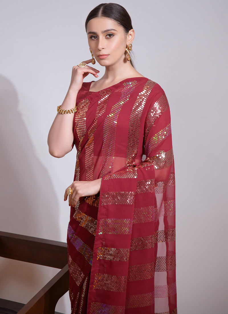 Vegaa Fashion Maroon Georgette Sequence Party Wear Saree - Distacart