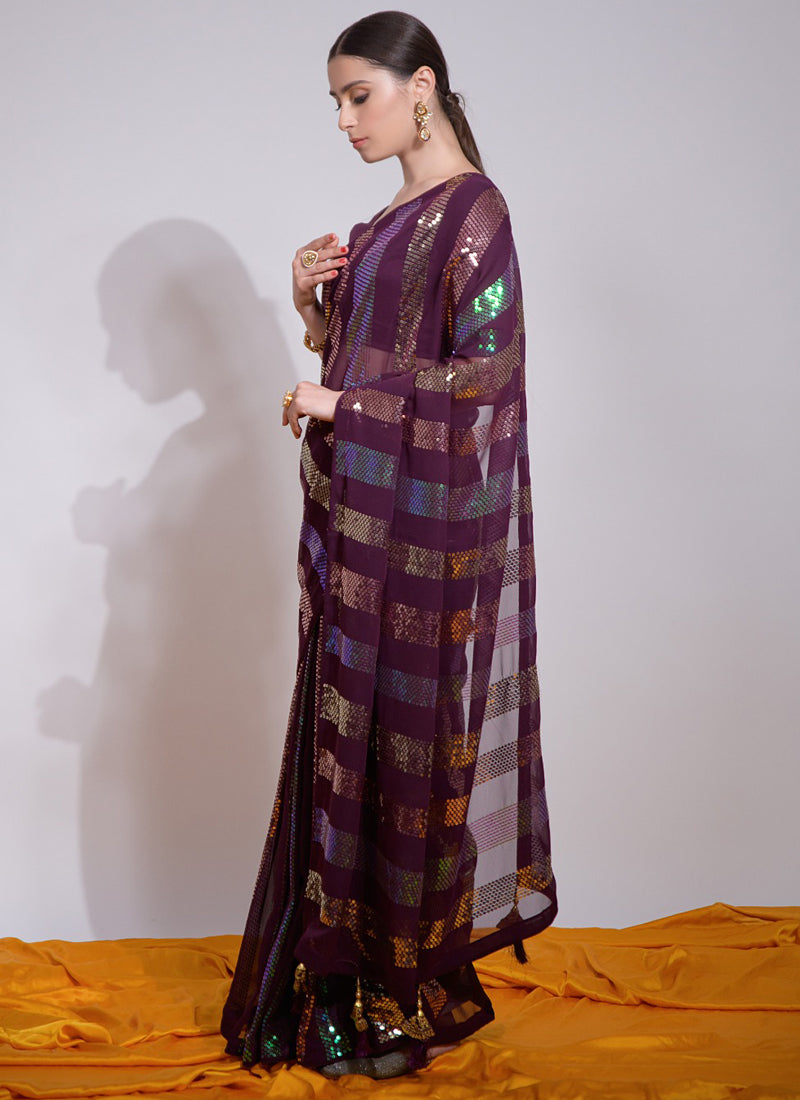 Vegaa Fashion Wine Georgette Sequence Party Wear Saree - Distacart