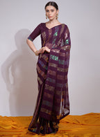 Vegaa Fashion Wine Georgette Sequence Party Wear Saree - Distacart