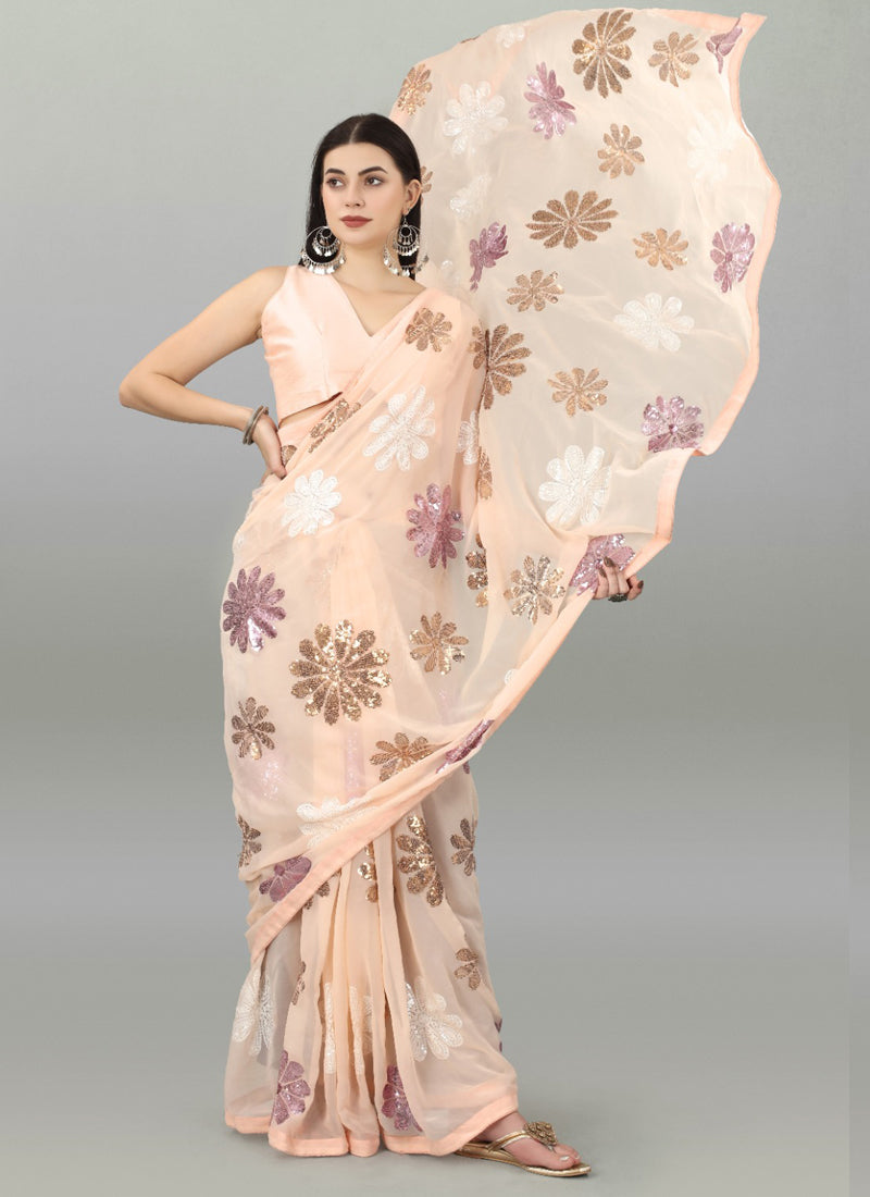 Vegaa Fashion Peach Georgette Embroidered Saree - Distacart