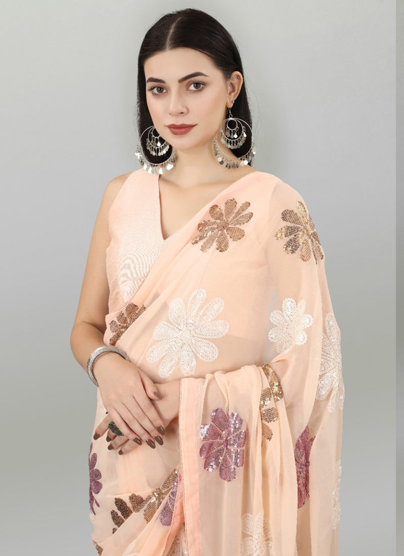 Vegaa Fashion Peach Georgette Embroidered Saree - Distacart