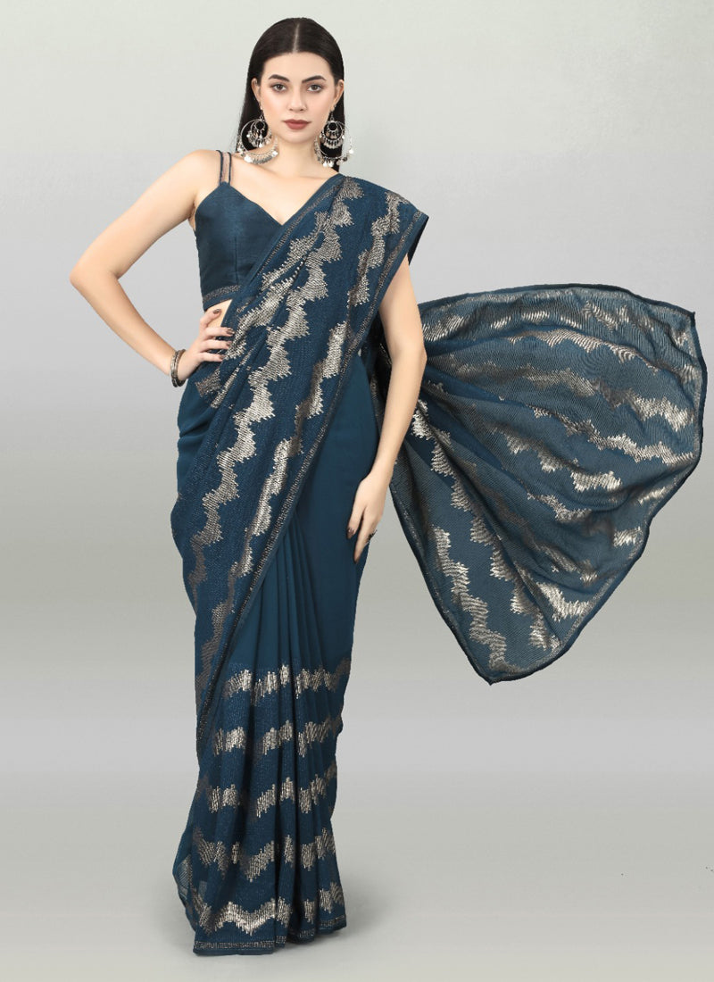Vegaa Fashion Acqua Blue Georgette Sequence Party Wear Saree - Distacart