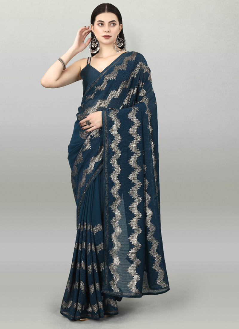 Vegaa Fashion Acqua Blue Georgette Sequence Party Wear Saree - Distacart