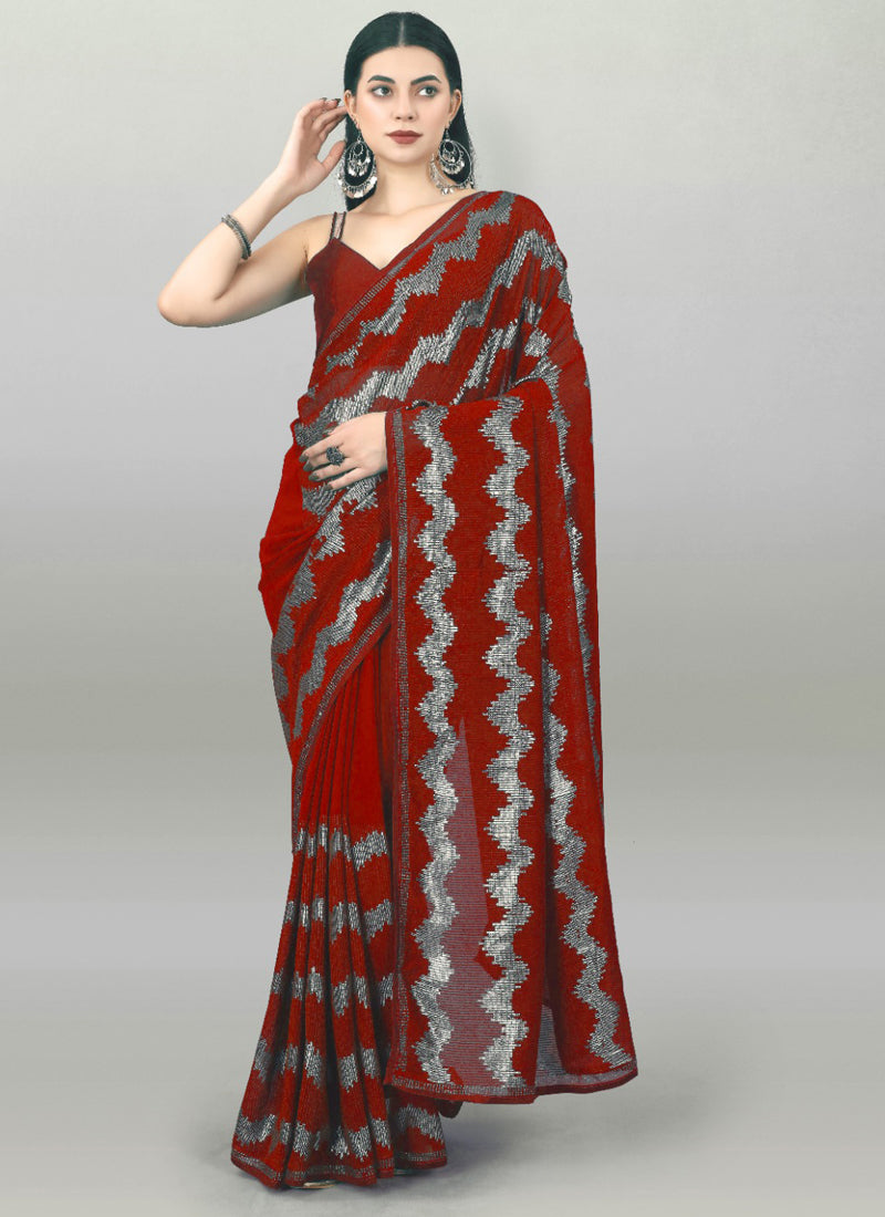 Vegaa Fashion Red Georgette Sequence Party Wear Saree - Distacart
