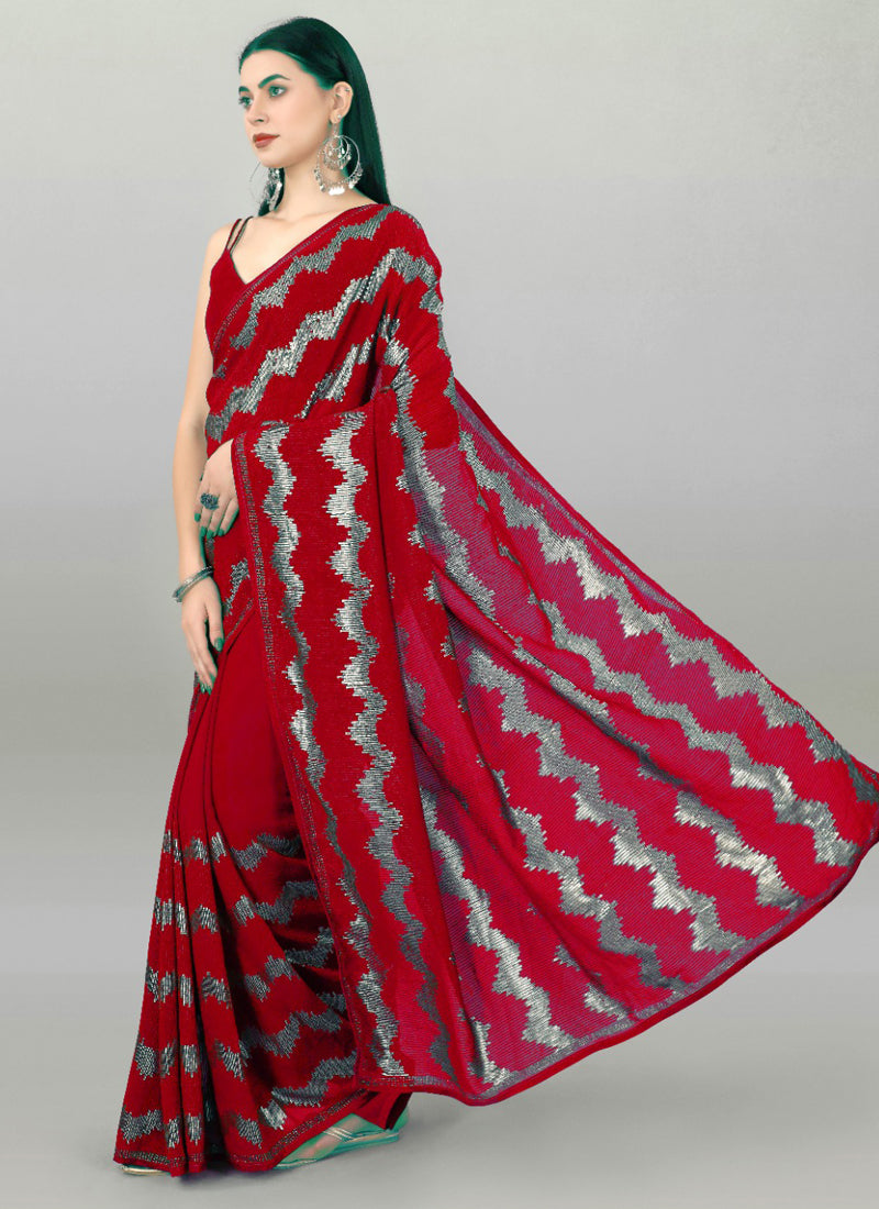 Vegaa Fashion Red Georgette Sequence Party Wear Saree - Distacart