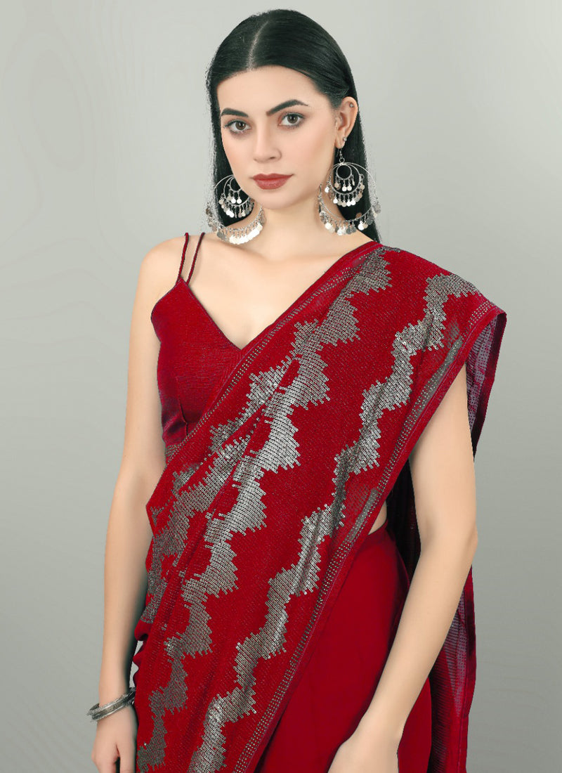 Vegaa Fashion Red Georgette Sequence Party Wear Saree - Distacart