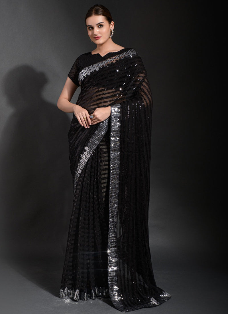 Vegaa Fashion Black Georgette Sequence Party Wear Saree - Distacart