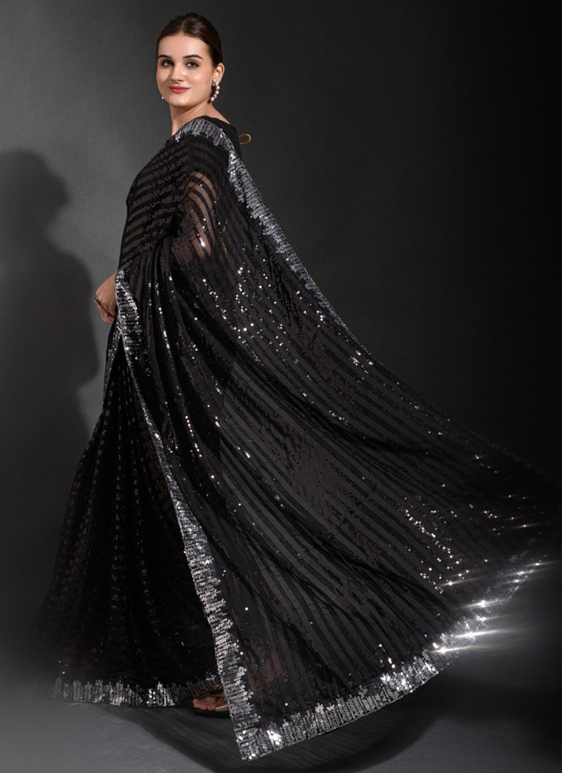 Vegaa Fashion Black Georgette Sequence Party Wear Saree - Distacart