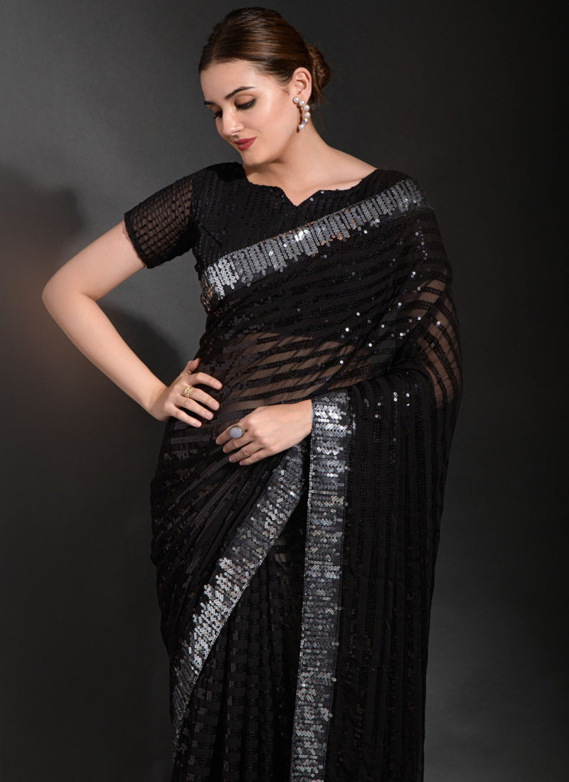 Vegaa Fashion Black Georgette Sequence Party Wear Saree - Distacart