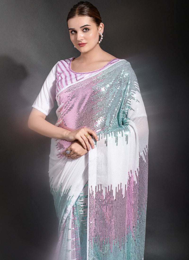 Vegaa Fashion Off White Georgette Sequence Party Wear Saree - Distacart
