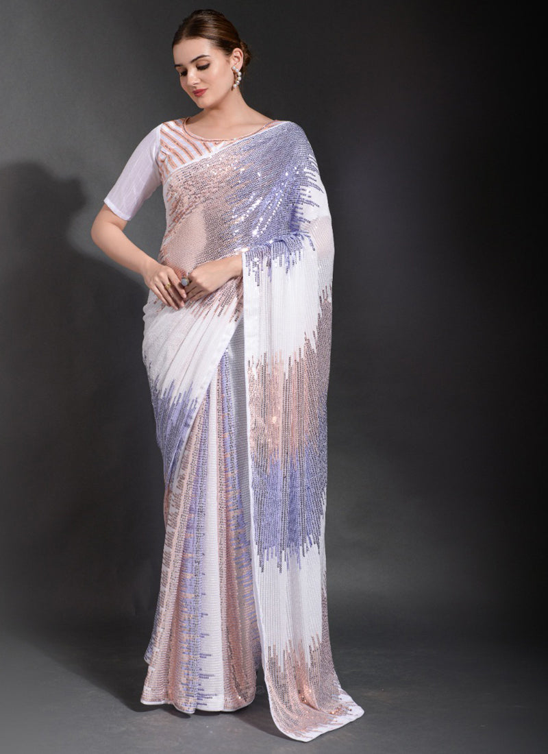 Vegaa Fashion Off White Georgette Sequence Party Wear Saree - Distacart