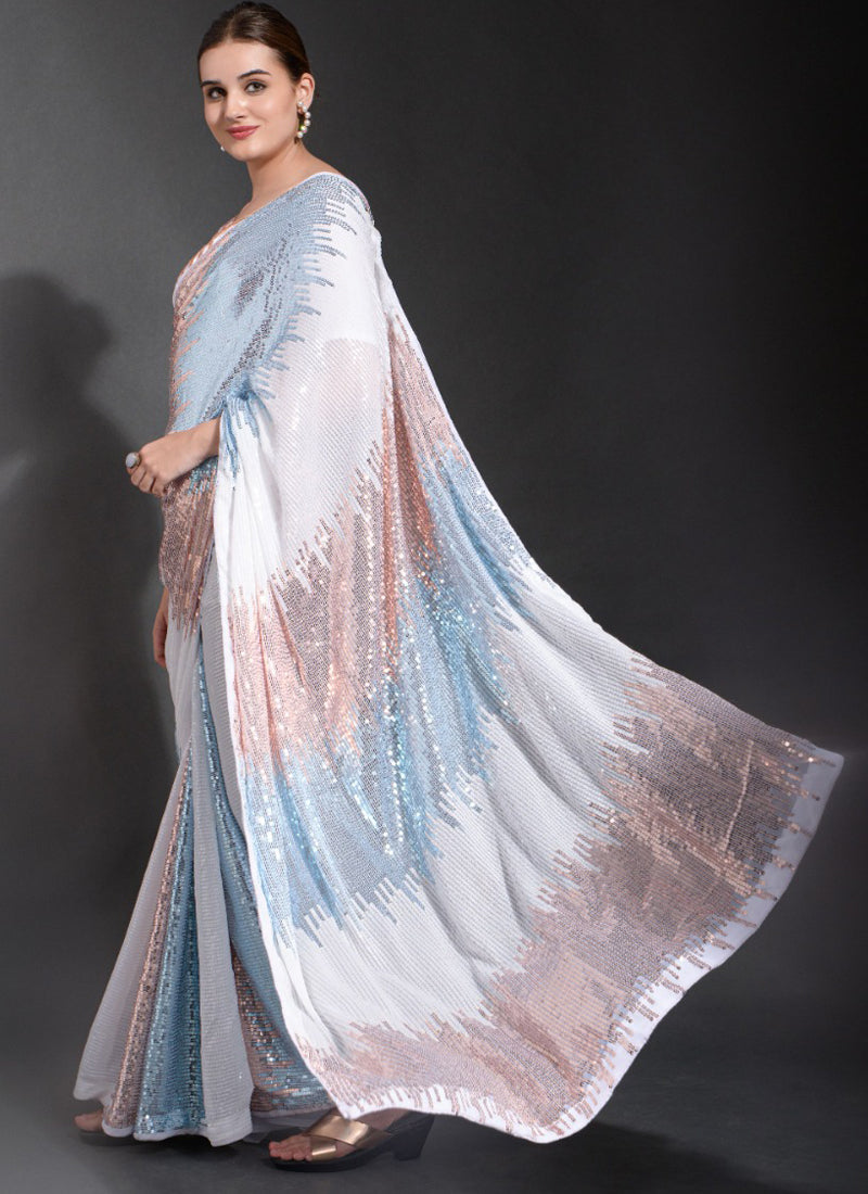 Vegaa Fashion Off White Georgette Sequence Party Wear Saree - Distacart
