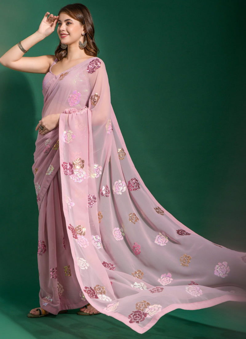 Vegaa Fashion Onion Pink Georgette Sequence Flower Work Saree - Distacart