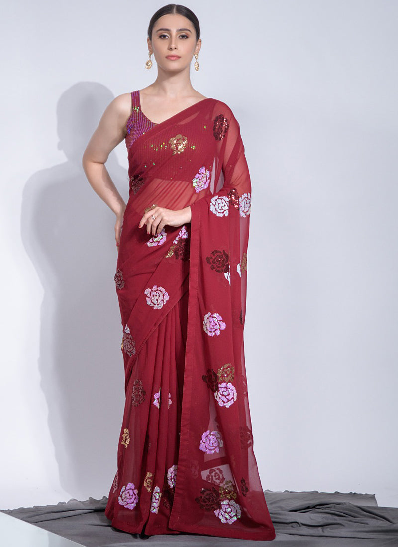 Vegaa Fashion Red Georgette Sequence Flower Work Saree - Distacart