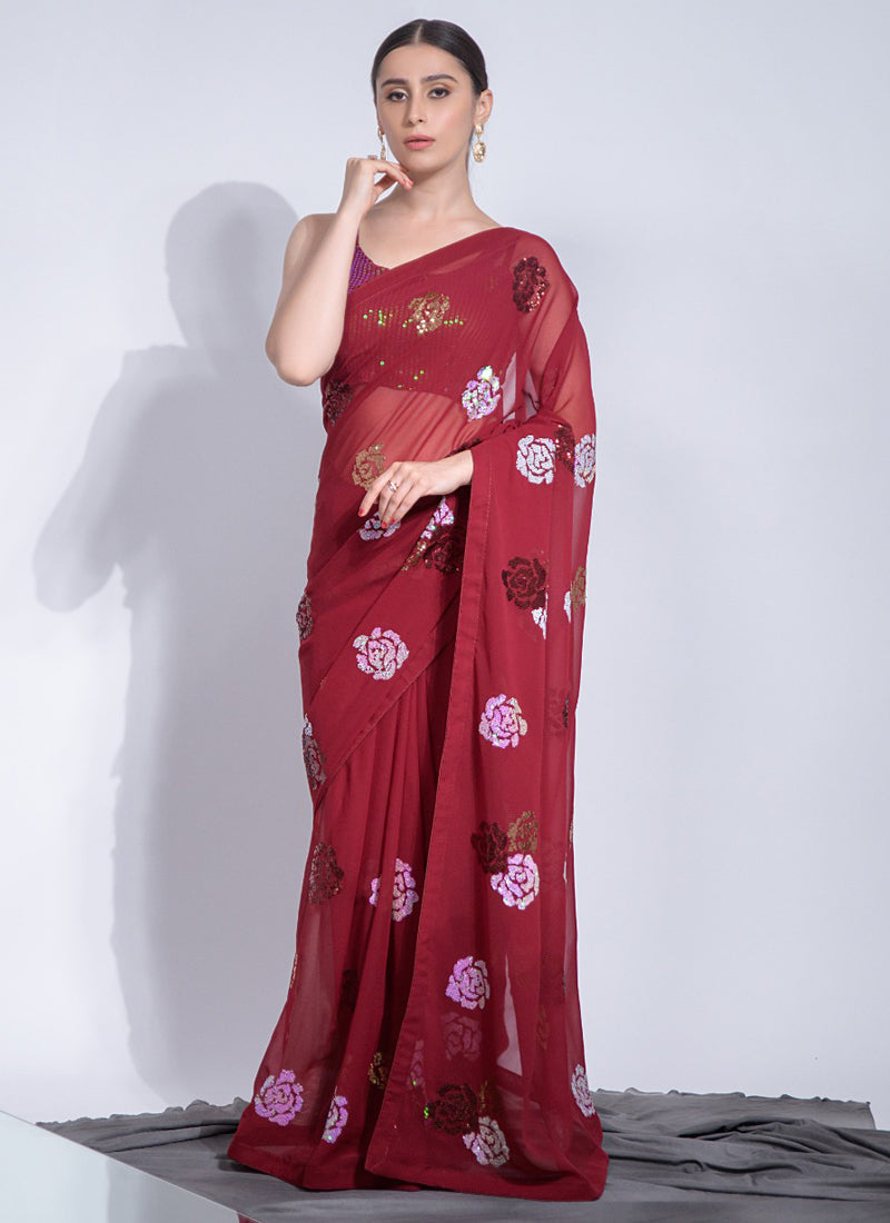 Vegaa Fashion Red Georgette Sequence Flower Work Saree - Distacart
