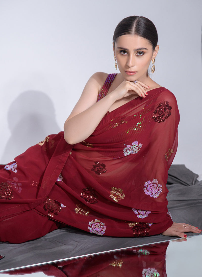Vegaa Fashion Red Georgette Sequence Flower Work Saree - Distacart