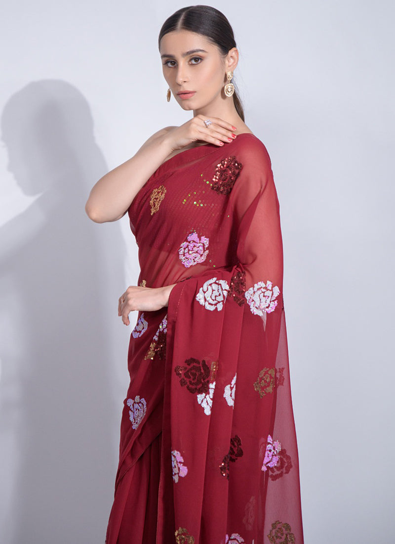 Vegaa Fashion Red Georgette Sequence Flower Work Saree - Distacart