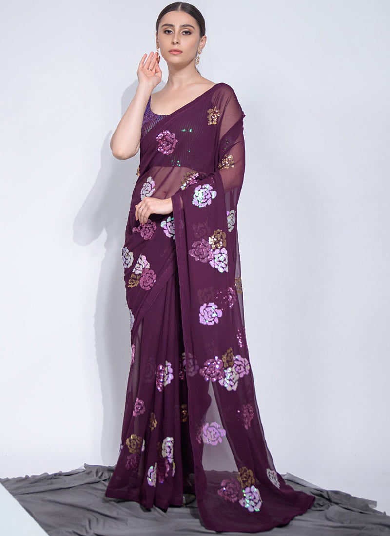 Vegaa Fashion Wine Georgette Sequence Flower Work Saree - Distacart