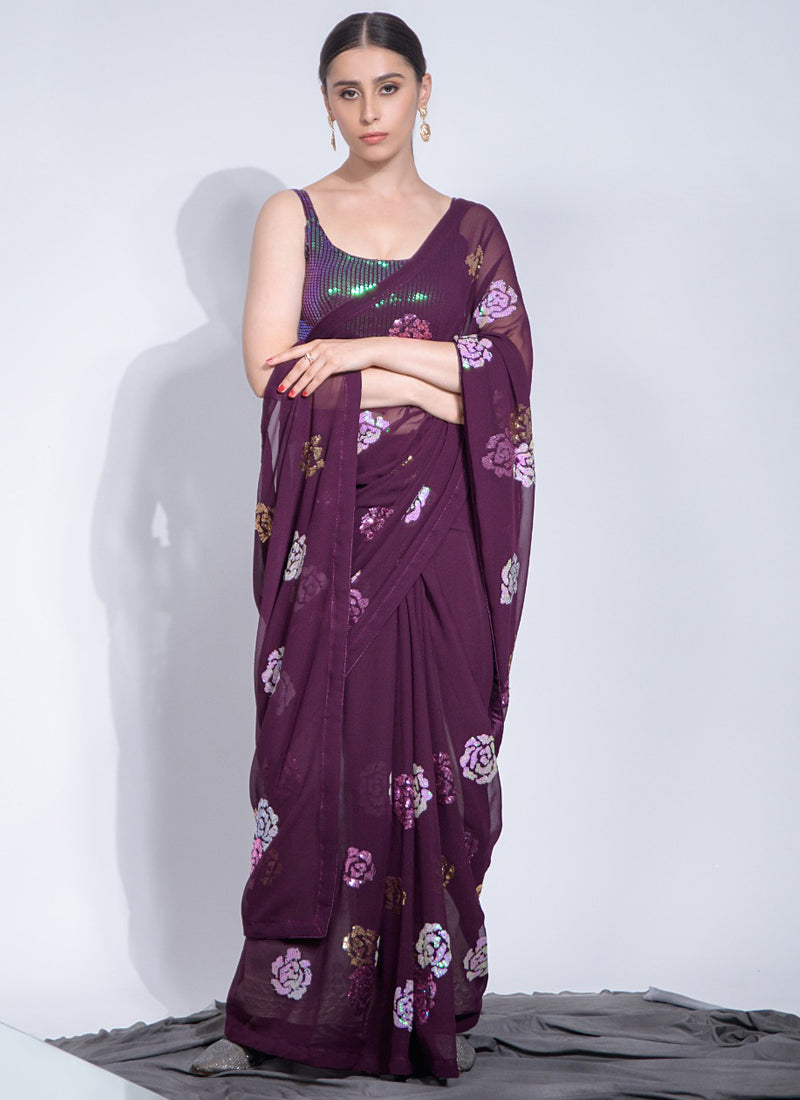 Vegaa Fashion Wine Georgette Sequence Flower Work Saree - Distacart