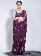Vegaa Fashion Wine Georgette Sequence Flower Work Saree - Distacart