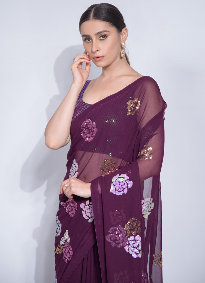 Vegaa Fashion Wine Georgette Sequence Flower Work Saree - Distacart