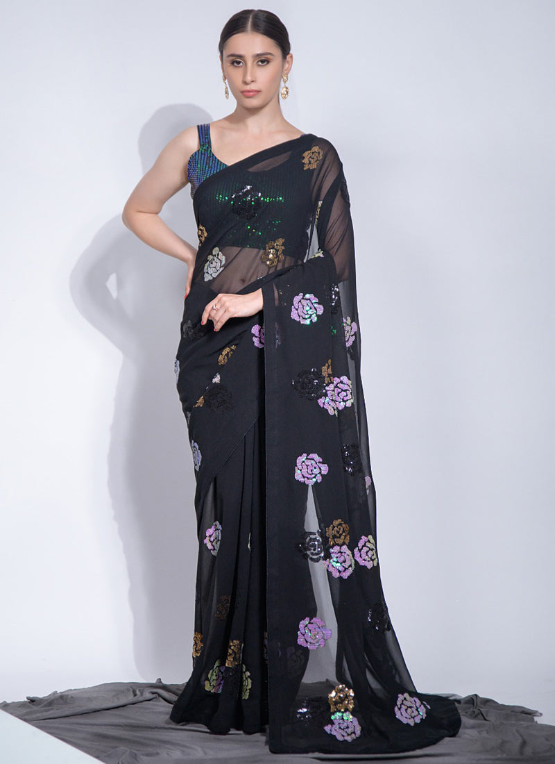 Vegaa Fashion Black Georgette Sequence Flower Work Saree - Distacart