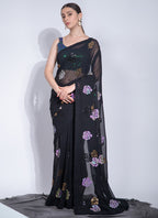 Vegaa Fashion Black Georgette Sequence Flower Work Saree - Distacart